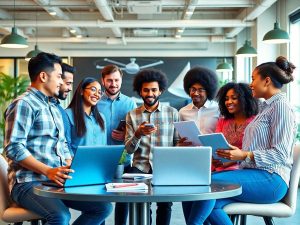 BusinessZone 14 Grup divers de antreprenori discutând la birou modern.